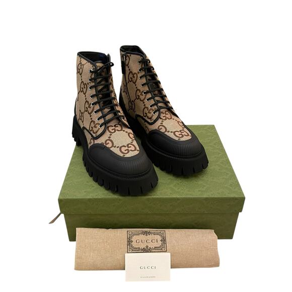 GUCCI Men's Maxi GG Supreme Canvas Combat Ankle Boots Camel Brown Sz 11.5  US 12 - Picture 14 of 16